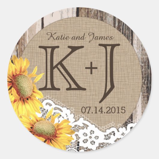 ひまわりウッドレース素朴カントリーウェディングラベル ラウンドシール (正面)