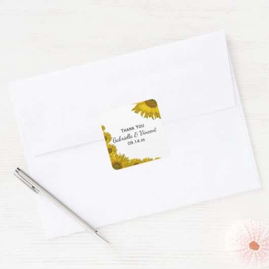 ひまわりエッジ結婚の感謝メッセージカード スクエアシール (封筒)