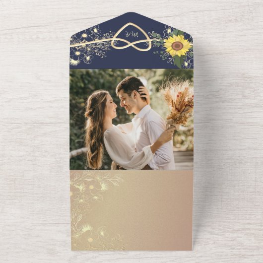 ひまわりエレガントとネイビーブルー結婚式招待状 オールインワン招待状 (外側)