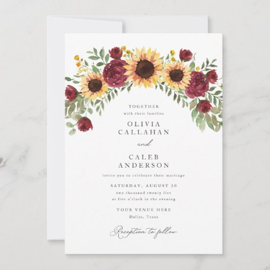 ひまわりエレガントとブルゴーニュのフローラ結婚の 招待状 (正面)