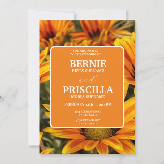 ひまわりエレガントと白タイポグラフィ結婚ズ 招待状 (正面)