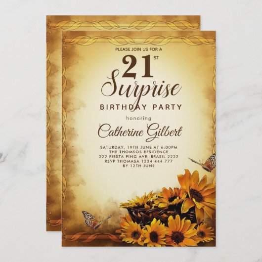 ひまわりエレガントと蝶21歳の誕生日 招待状 (正面/裏面)