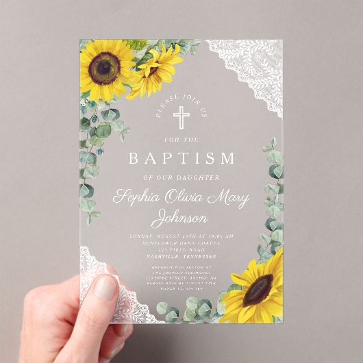 ひまわりエレガントのユーカリプトゥスレースガールバプテスマ アクリル招待状 (インサイチュ (ポータブル))