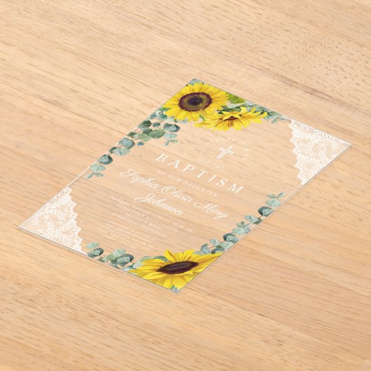 ひまわりエレガントのユーカリプトゥスレースガールバプテスマ アクリル招待状 (レイダウン)