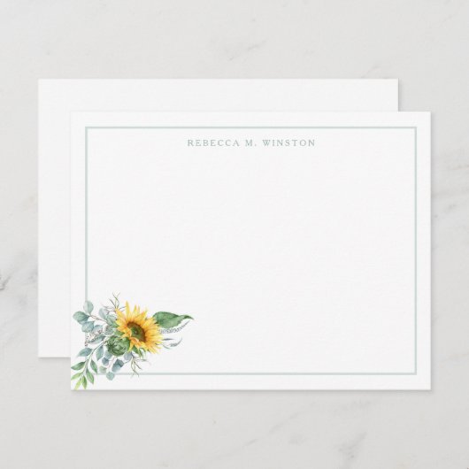 ひまわりエレガントの緑の文房具パーソナライズされた ノートカード (正面/裏面)