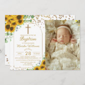 ひまわりエレガントアーチ金ゴールドグリッターバプテスマ写真 招待状 (正面/裏面)