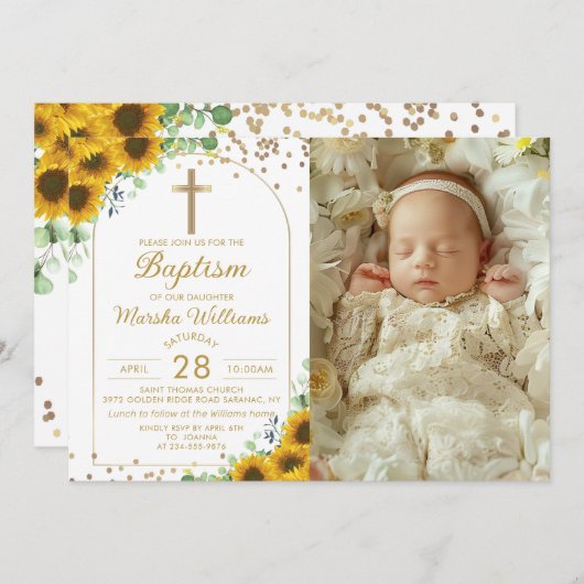 ひまわりエレガントアーチ金ゴールドグリッターバプテスマ写真 招待状 (正面/裏面)