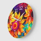 ひまわりエレガントカラフル花のパワー作品 | ラージ壁時計 (傾斜)