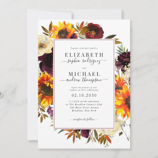 ひまわりエレガントバラブルゴーニュフローラ結婚ズ 招待状 (正面)