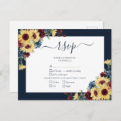 ひまわりエレガントバーガンディーネイビーブルーウェディングRSVP インビテーションポストカード (正面/裏面)