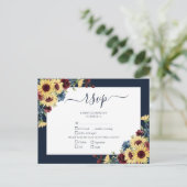 ひまわりエレガントバーガンディーネイビーブルーウェディングRSVP インビテーションポストカード (スタンド正面)