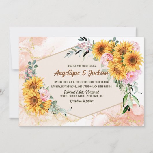 ひまわりエレガントピンクのバラ幾何学模様結婚 招待状 (正面)