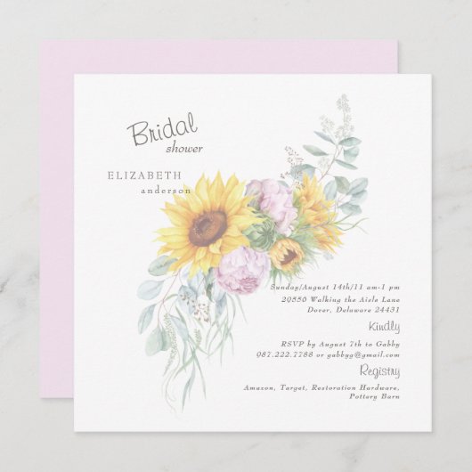 ひまわりエレガントピンク牡丹ブライダルスクエアインビタ 招待状 (正面/裏面)