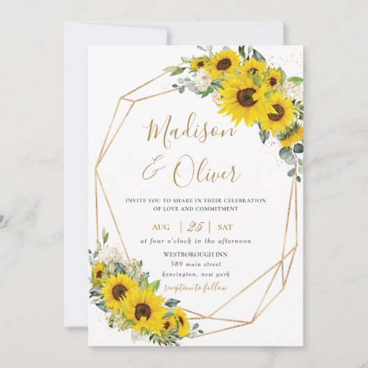 ひまわりエレガントフローラ金ゴールド幾何結婚の 招待状 (正面)