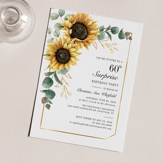 ひまわりエレガントフローラ60th誕生日パーティー (Sunflower Eucalyptus 60th Birthday Party Invitation)