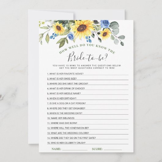 ひまわりエレガントブライダルシャワーゲームカード 招待状 (正面)