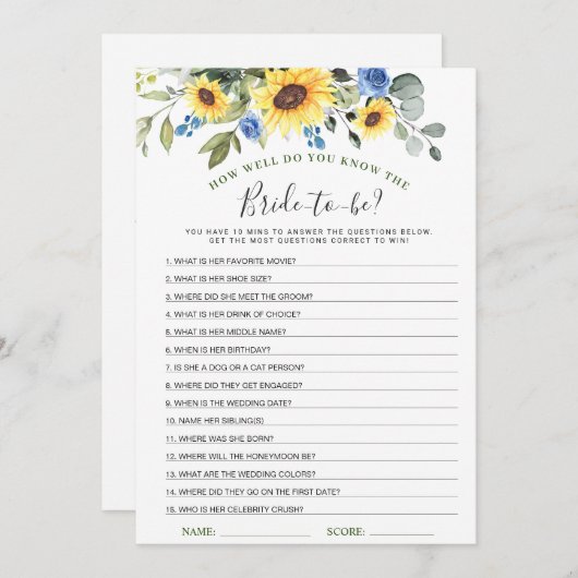 ひまわりエレガントブライダルシャワーゲームカード 招待状 (正面/裏面)