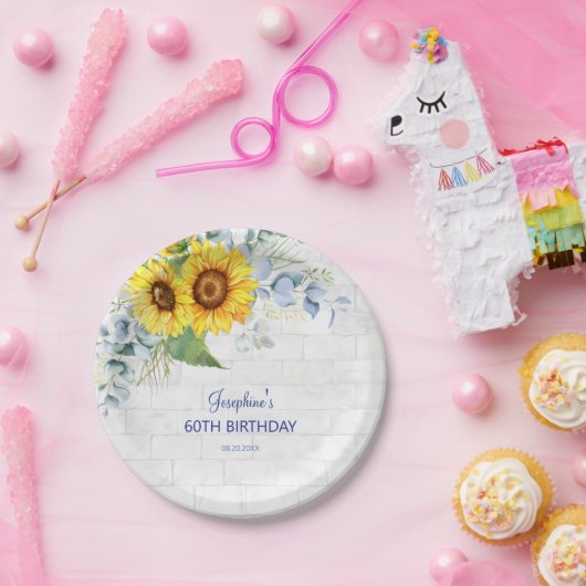 ひまわりエレガント壁煉瓦フローラ誕生日 ペーパープレート (パーティー)