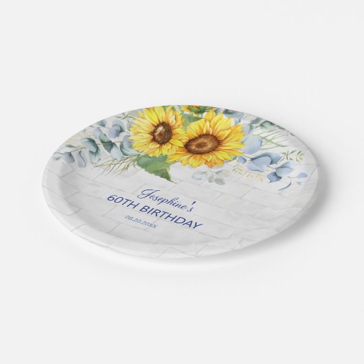 ひまわりエレガント壁煉瓦フローラ誕生日 ペーパープレート (アングル)
