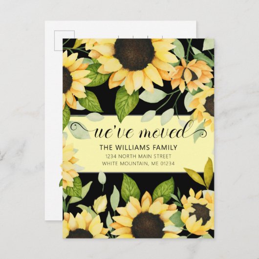 ひまわりエレガント水彩フローラブラック移動 案内ポストカード (正面/裏面)