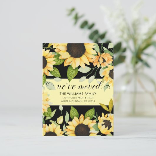 ひまわりエレガント水彩フローラブラック移動 案内ポストカード (スタンド正面)