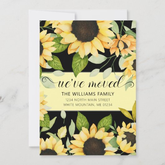 ひまわりエレガント水彩フローラブラック移動 案内状 (正面)