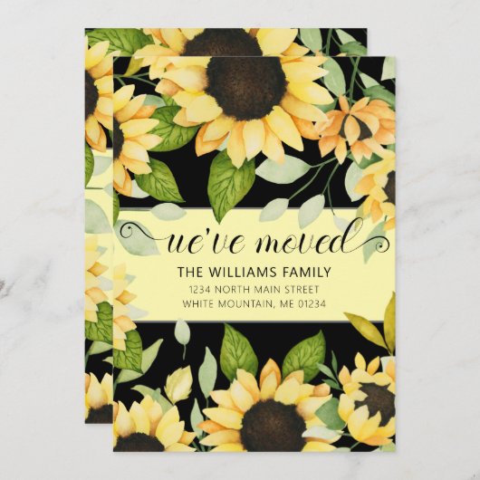 ひまわりエレガント水彩フローラブラック移動 案内状 (正面/裏面)