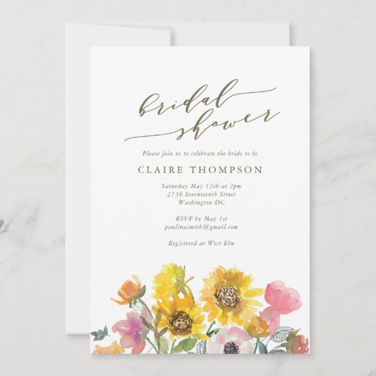 ひまわりエレガント水彩画ブライダルシャワー 招待状 (正面)