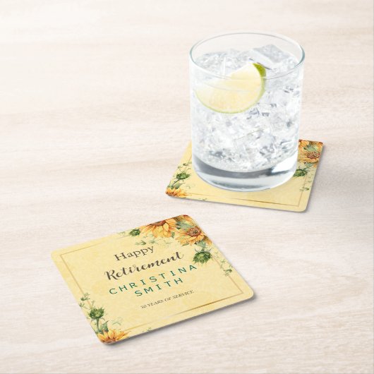 ひまわりエレガント水彩退職パーティー スクエアペーパーコースター (インサイチュ)