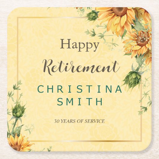 ひまわりエレガント水彩退職パーティー スクエアペーパーコースター (正面)
