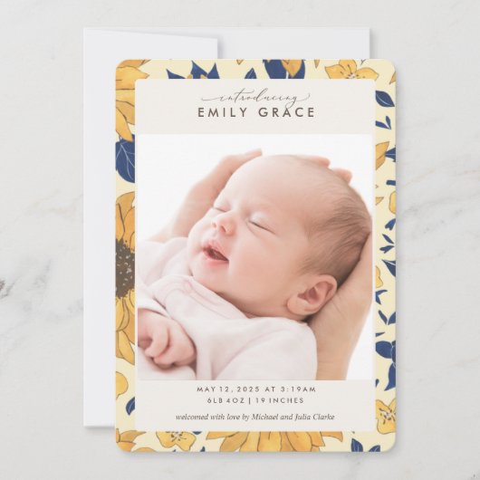 ひまわりエレガント色の黄色い写真の誕生のお知らせ 招待状 (正面)