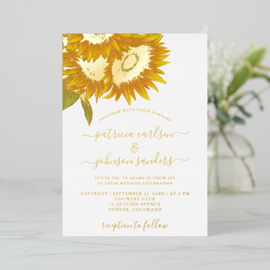 ひまわりエレガント金ゴールドフォイルのシック結婚スクリプト 箔招待状 (立ち正面)