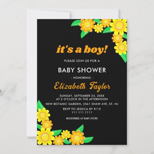 ひまわりエレガント黒フローラ男の子のシャワー 招待状 (正面)