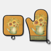 ひまわりオレンジ色イエローグリーン 鍋つかみ&鍋敷きセット (正面)