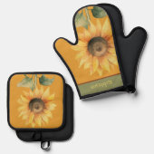 ひまわりオレンジ色イエローグリーン 鍋つかみ&鍋敷きセット (正面/裏面)