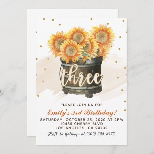 ひまわりオータム3歳誕生日招待状 招待状 (正面/裏面)