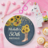 ひまわりカウボーイブーツブルーデニム50誕生日 ペーパープレート (パーティー)