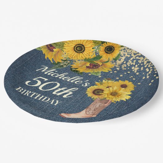 ひまわりカウボーイブーツブルーデニム50誕生日 ペーパープレート (アングル)