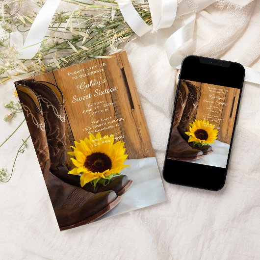 ひまわりカウボーイブーツ甘い16バーンドバースデーパーティー 招待状