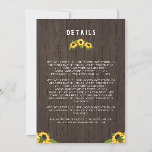 ひまわりカスタムの花の写真2 In One結婚 S 招待状 (裏面)