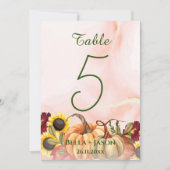 ひまわりカボチャをテーマにした秋の結婚式テーブル番号 サンキューカード (正面)