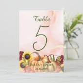 ひまわりカボチャをテーマにした秋の結婚式テーブル番号 サンキューカード (スタンド正面)