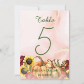 ひまわりカボチャをテーマにした秋の結婚式テーブル番号 サンキューカード (裏面)