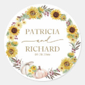 ひまわりカボチャリース秋の結婚式 ラウンドシール (正面)