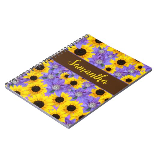 ひまわりカラフルと紫のフローラパーソナライズされた ノートブック (左側)