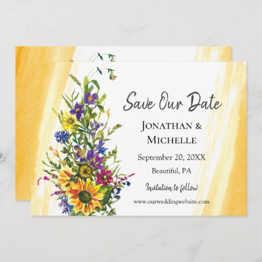 ひまわりカラフルの花の緑結婚の花 セーブザデート (正面/裏面)