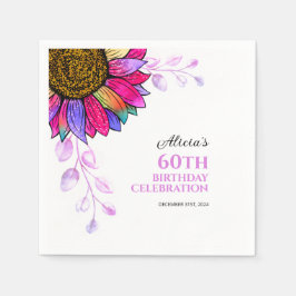 ひまわりカラフルパープルリーフ誕生日 スタンダードカクテルナプキン