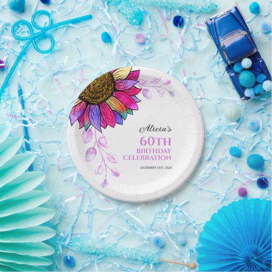 ひまわりカラフルパープルリーフ誕生日 ペーパープレート (パーティー)