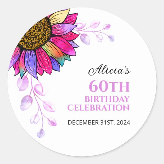 ひまわりカラフルパープルリーフ誕生日 ラウンドシール (正面)