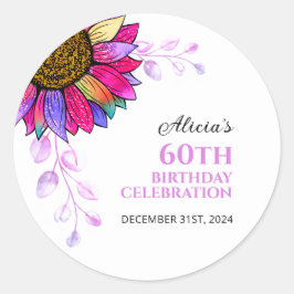 ひまわりカラフルパープルリーフ誕生日 ラウンドシール